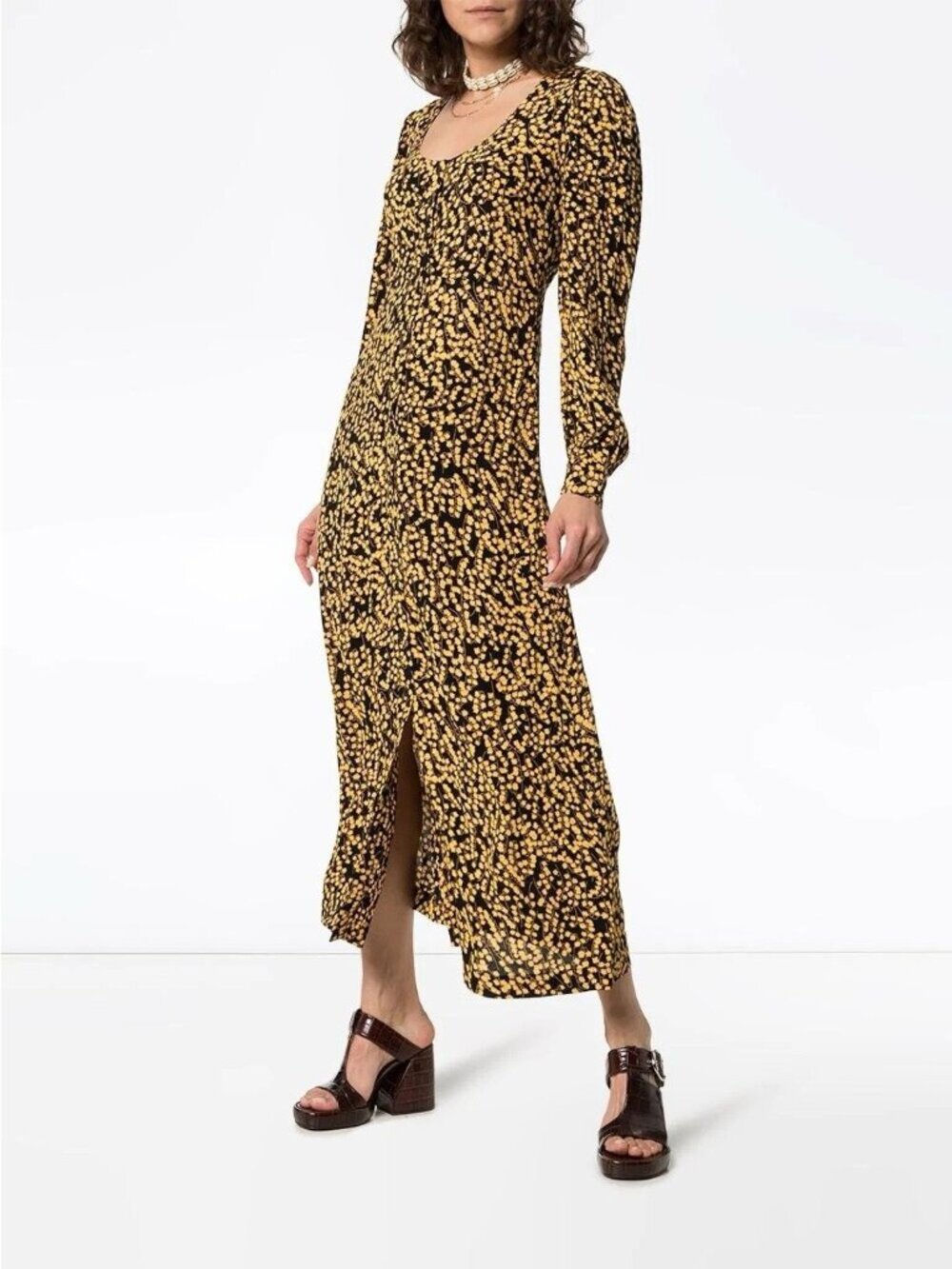 GANNI Goldstone Floral Print Crepe Maxi Dress Black/Yellow Size 38 6 EUC Shirt